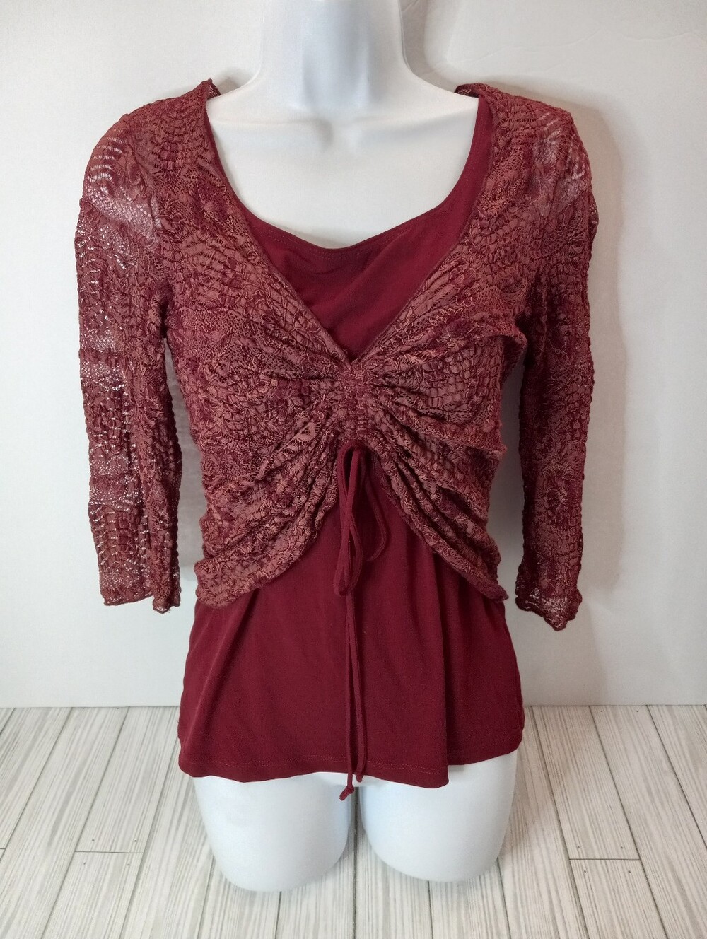 Coin Whimsigoth Ruched Lace Overlay Y2K Top in Deep Wine Red
